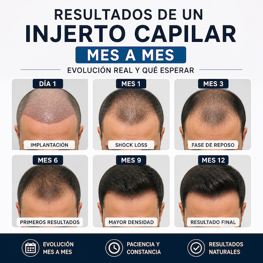 evolución del injerto capilar mes a mes con resultados del mes 1 al 12