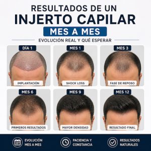 evolución del injerto capilar mes a mes con resultados del mes 1 al 12